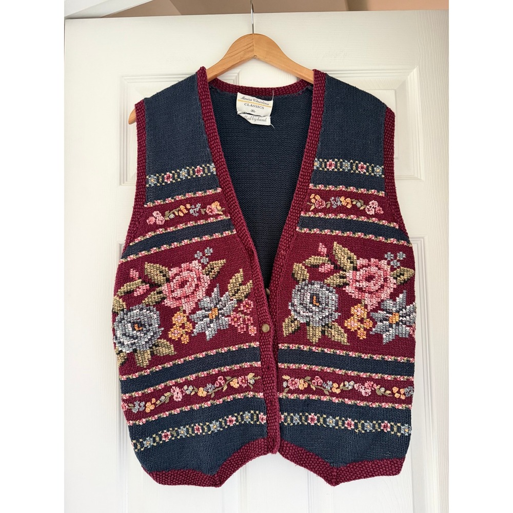 Vintage Needlepoint Womens Knit Vest Cottage Grandmacore